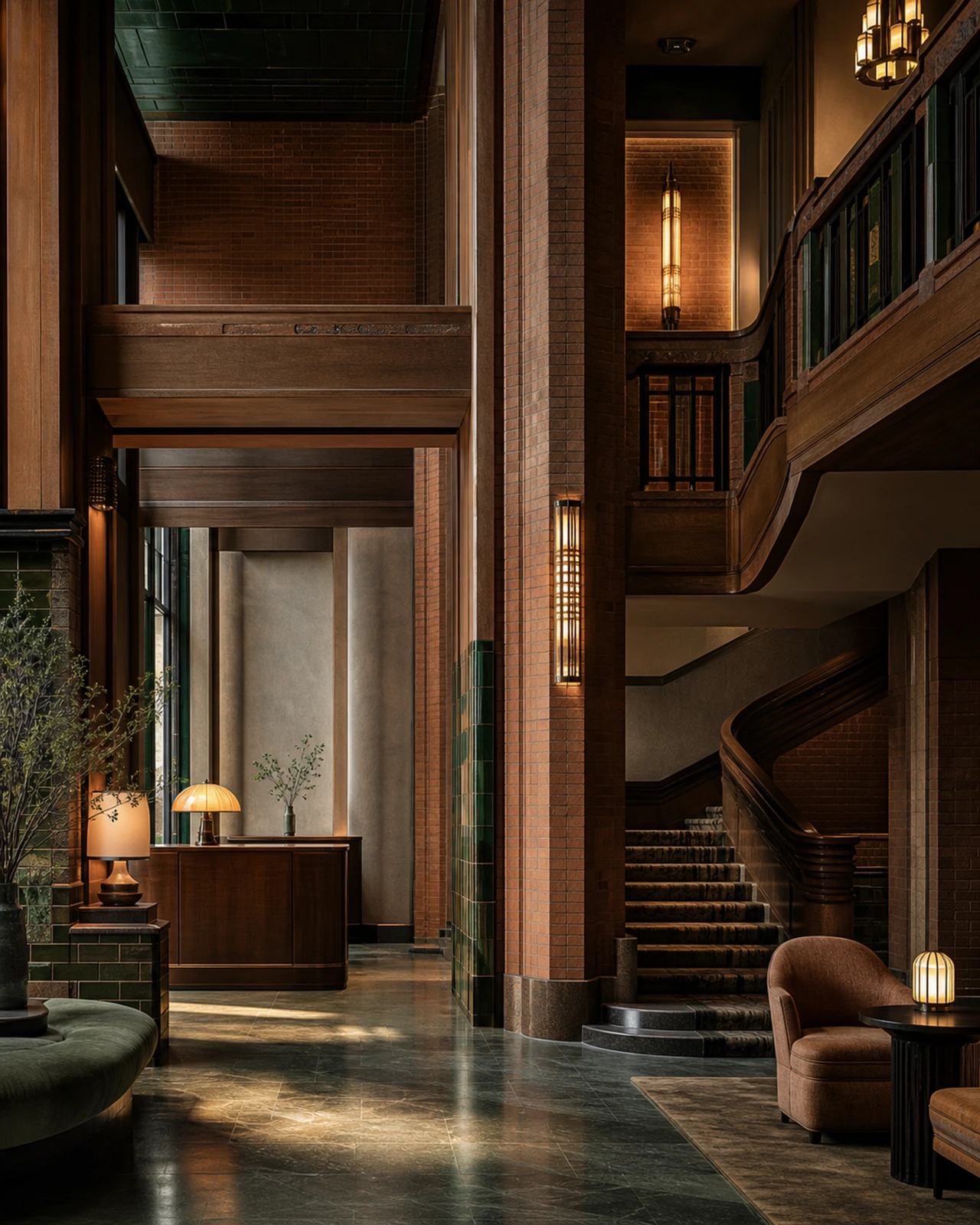 Hoge hotellobby met baksteen, donker hout en groen geglazuurde details in avondlicht
