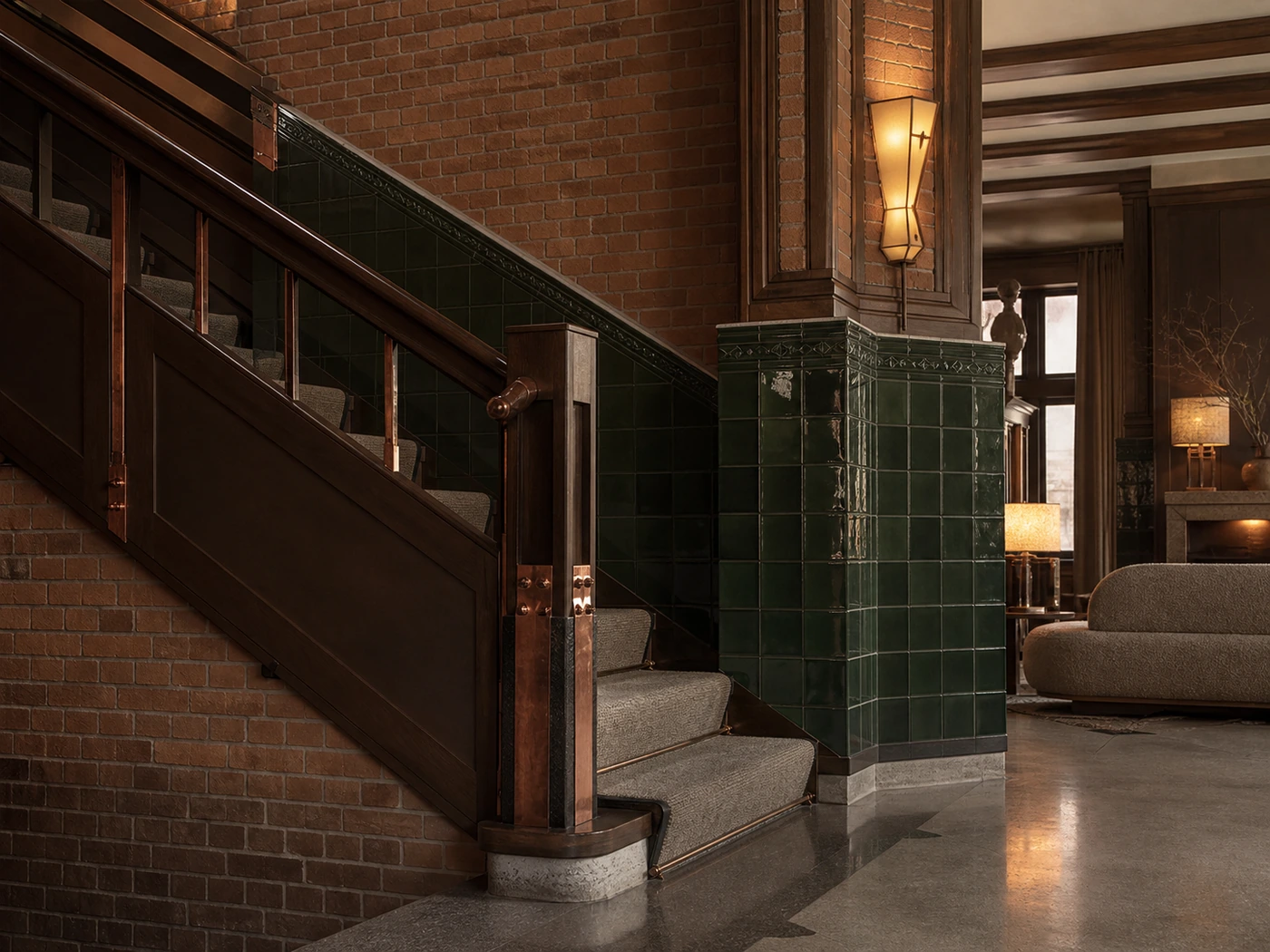 Ambachtelijke hoteltrap met baksteen, donker hout en groene keramische tegels