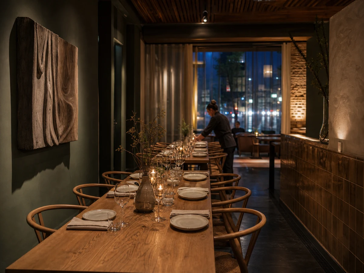 Warm verlichte eetzaal met lange houten tafel, linnen en handgemaakt servies