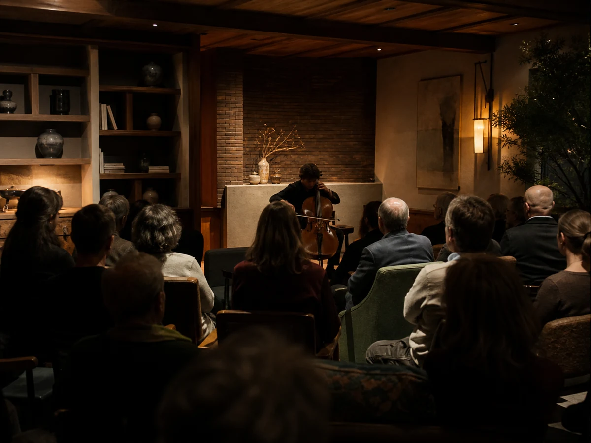 Intieme muzieksalon met een cellist en een klein zittend publiek