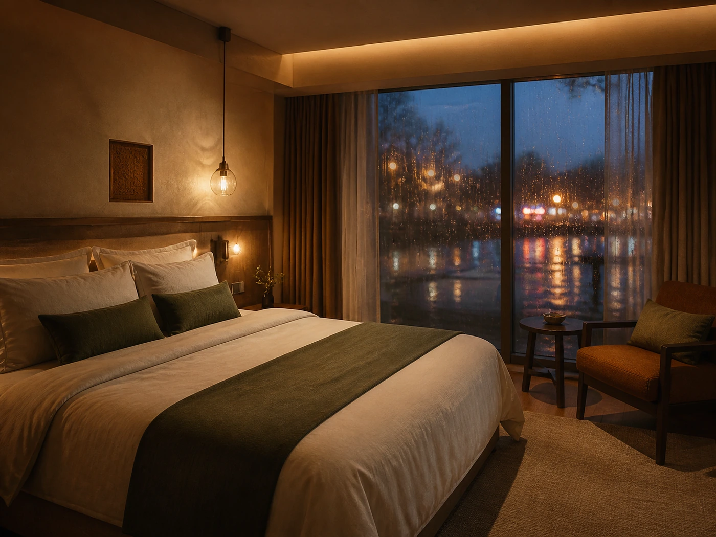 Warme hotelsuite met linnen bed en nat stadslicht achter het raam