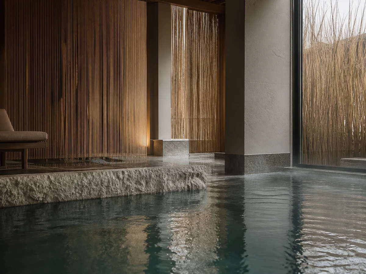 Stille wellnessruimte met mineraalbad, natuursteen en hoge rietschermen